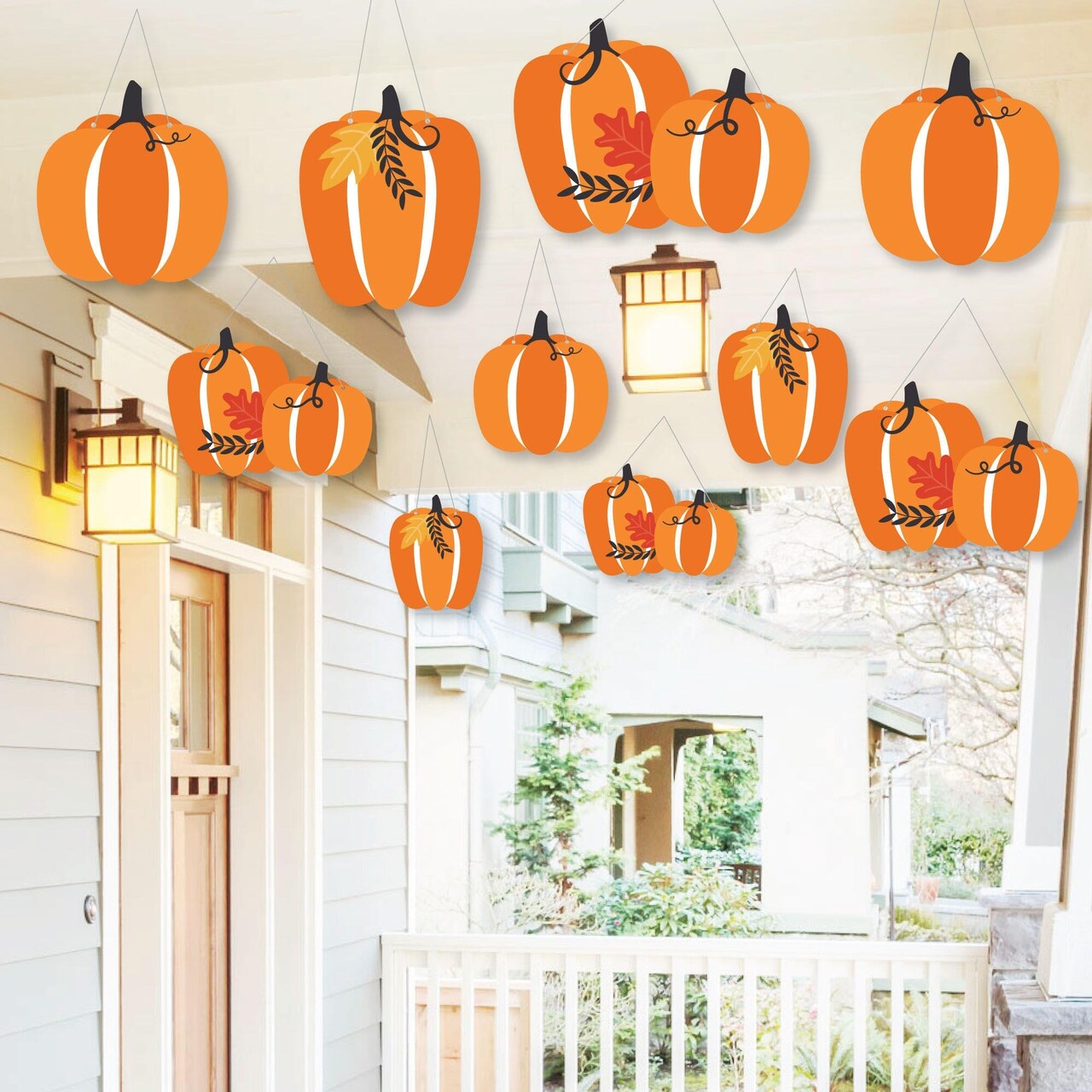 Big Dot of Happiness Hanging Fall Pumpkin - Outdoor Halloween or Thanksgiving Party Hanging Porch and Tree Yard Decorations - 10 Pieces